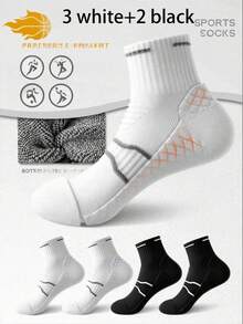 2/5 Pairs Women's Black & White Contrast Color Comfortable Cushioned Massage Waistband Non-Slip Elastic Short Socks, Unisex, Fashionable Sports Style, Suitable For Sports, Basketball Training, Indoor Wear, Holiday Gift - Multicolor - View 4