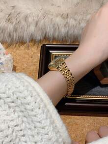 1 chiếc đồng hồ nữ thạch anh với vạch số Ả Rập, trang trí đá pha lê vuông màu vàng, thanh lịch, phù hợp đeo hàng ngày hoặc dự tiệc. - Vàng - Xem 4