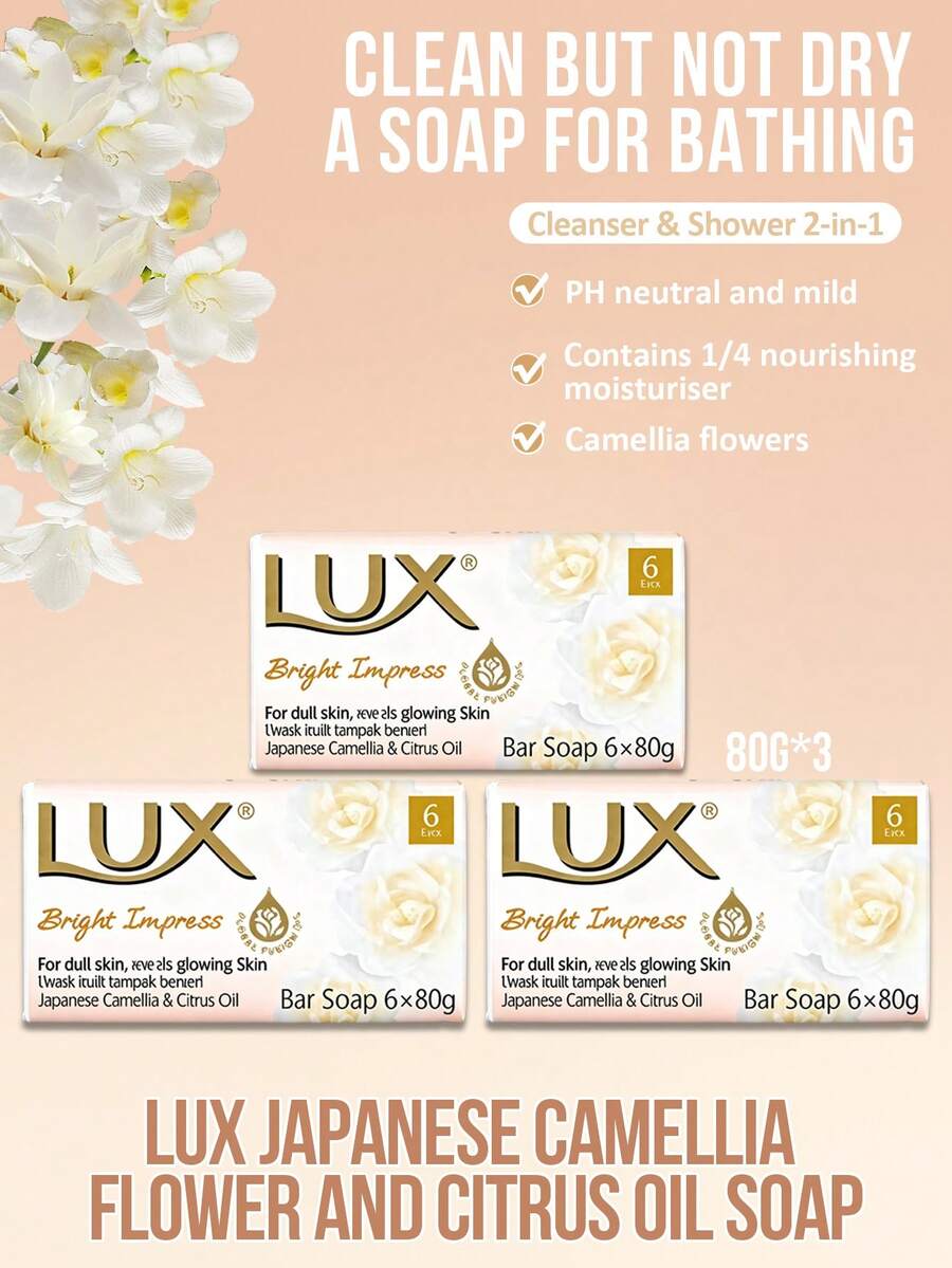 Lux 3块装，每块80克。日本山茶花柑橘精油皂。清新、优雅、纯净。提亮肤色，净化肌肤，焕发光彩。蕴含山茶花和柑橘精油。深层清洁，抗菌。去除瑕疵和杂质。净化肌肤油脂。抑制细菌滋生。质地柔滑细腻。 - Camellia flowers - 查看 1