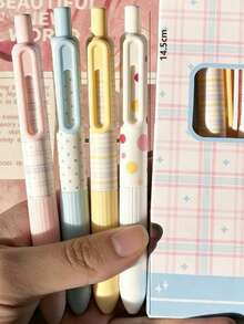 4支波点/星形图案按压式中性笔，高品质墨水，适合学生和考试使用，速干，黑色墨水 - 小布丁筆 - 查看 10