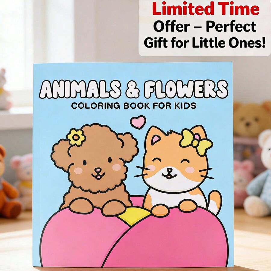 Livre de coloriage pour enfants best-seller Chiots mignons, chatons et motifs de fleurs Lignes larges faciles à colorier Développer la concentration et la créativité Essentiel pour la maternelle/la maison Cadeau idéal pour l'anniversaire d'un bébé - Pièce unique - Voir 1