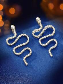 1对基础款商务街银色蛇形耳钉，女士派对日常上学首饰配饰 - 銀色 - 查看 2