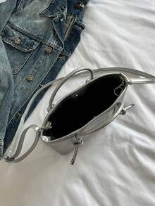 1个粉色绗缝拉链PU纯色保龄球包，大容量手提包，新款时尚复古风单肩包，适合女性日常使用，秋冬季 - 銀色 - 查看 11