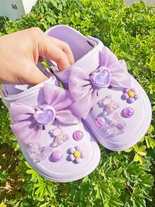 12pcs Purple Bow Heart Shaped Teddy Bear & Butterfly DIY Shoe Clips, Detachable Shoe Decorations Suitable For Sandals, Garden Shoes, Slippers, Etc. 2pcs Bow - Purple - View 4