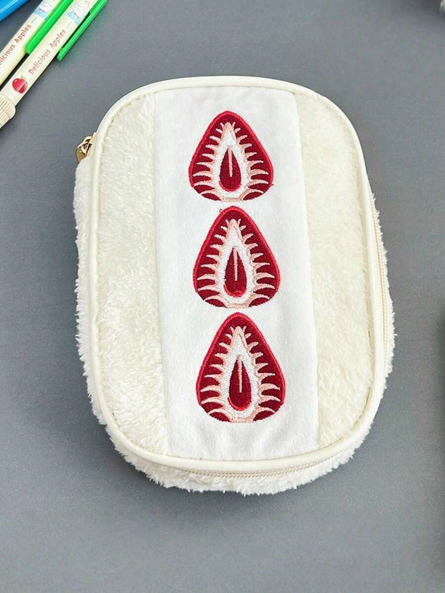 高品质仿毛绒草莓刺绣大容量防水防污学生文具收纳袋，可爱返校必备，多功能通勤化妆包和宿舍桌面收纳袋 | 草莓毛绒铅笔盒，可爱学生文具收纳袋，防水化妆收纳袋，返校必备 - 絨毛 - 查看 1