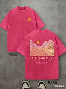 Faith Can Move Mountain Unisex Washed Christian Shirt, Christian Scripture T-Shirt, Vintage Retro Washed Shirt Double Sided Printed (230 Heavyweight Pure Cotton T-Shirt) High Quality Christian T-Shirt, Christian Gifts, Men's And Women's Shirts, Comfortable, Fashion Christian Shirt, Street Style Pure Cotton Fall Shirtwinter Clothes For Women - 紅色 - 查看 1