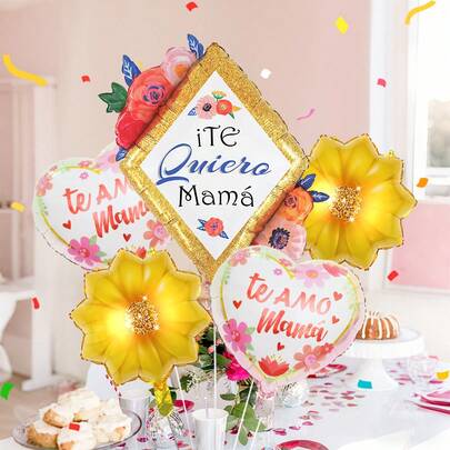 5件套西班牙花卉母亲节气球套装，包含西班牙花卉母亲节气球、向日葵气球、钻石花西班牙气球，适合母亲节派对、送给妈妈的礼物、生日装饰、节日派对装饰、周年纪念、拍照道具。