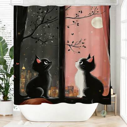 1 Piece Two Adorable Cat Shower Curtains, Cats Gazing At The Starry Sky, Two Cats Sitting On The Window (Polyester Shower Curtain), Home Decor, With 12 Hooks.
