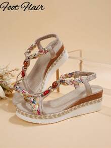 女士手工串珠编织趾环绳底凉鞋，波西米亚风格，春夏新款厚底舒适户外凉鞋，随机花卉图案 - 米色 - 查看 7