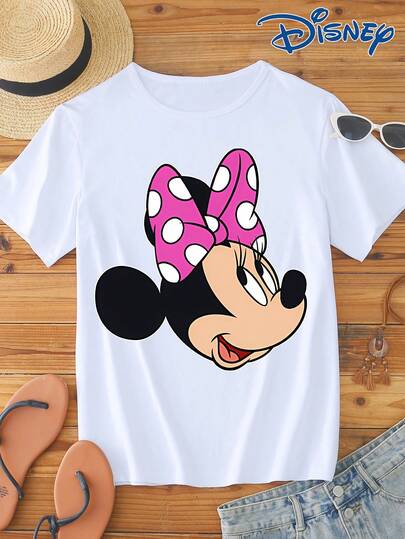 Disney 1 قطعة تي شيرت قصير الأكمام للنساء، طباعة رسم ميني ماوس، رقبة دائرية، خامة مرنة وسهلة العناية، مناسب للارتداء اليومي، تي شيرت قصير الأكمام أنيق للنساء، ملابس كاجوال