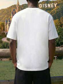 Men's White/Black Pullover Short-Sleeved T-Shirt And Drawstring Shorts Two-Piece Set, Featuring Disney RunDisney Springtime Surprise Yoga Lettering And Lilo & Stitch Graphic Prints. A Breathable And Comfortable Summer Casual Set, Making It The Perfect Gift For Men. - 白色+黑色 - 查看 2