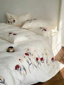 Set de lenjerie de pat 3 bucăți din material textil creț, moale și confortabil (1 husă de pilotă + 2 fețe de pernă, umplutura nu este inclusă), model brodat floral, potrivit pentru dormitor, cameră de oaspeți, băieți și fete, lavabil la mașină - Mov Mov - Vizualizare 7