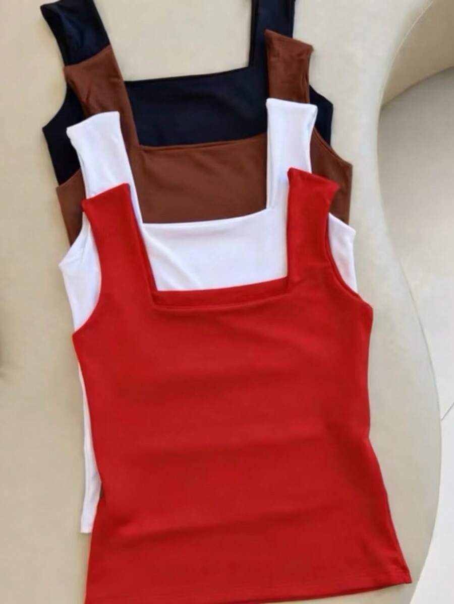 Set Of 4 Women's Tank Tops With Square Neckline, Straight Leg, Suplex Fabric, Summer Basic Plain, Fashionable, Elegant, , Blogger Style - ĐỎ TRẮNG NÂU ĐEN - Xem 1