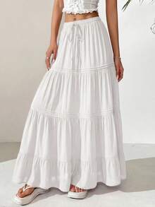 Women Casual Elastic High Waist Drawstring Pleated Layered Flowy Long Skirt Summer Boho Beach Vacation Holiday Going Out Valentine Maxi Skirt Outfits - 白色 - 查看 3