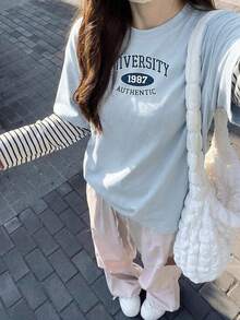 English Element Striped Long Sleeve Round Neck Loose Knit Blue & White Women T-Shirt, Vacation Casual Top For Spring Autumn, Valentine's Day - 2A24 Blue and White - KJ0262 - View 2