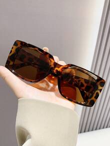 Leopard Print Rectangular Y2K Sunglasses, Plastic UV Protection Shades For Travel And Beach - Multicolor - View 2