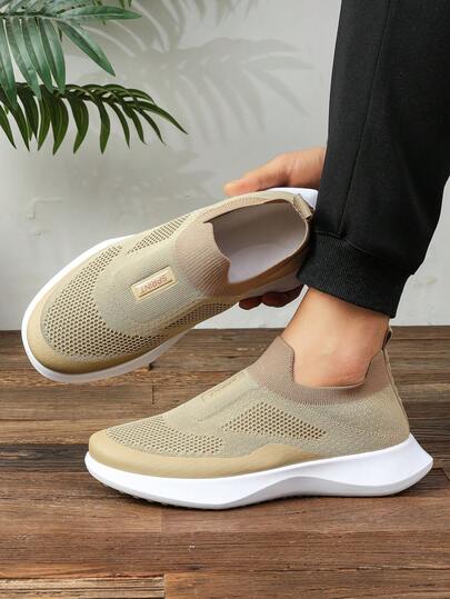 Slip-On Knit Mesh Shoes For Men, Lightweight Breathable Casual Sneakers, Soft Sole Comfort Walking Shoes For Middle-Aged & Elderly