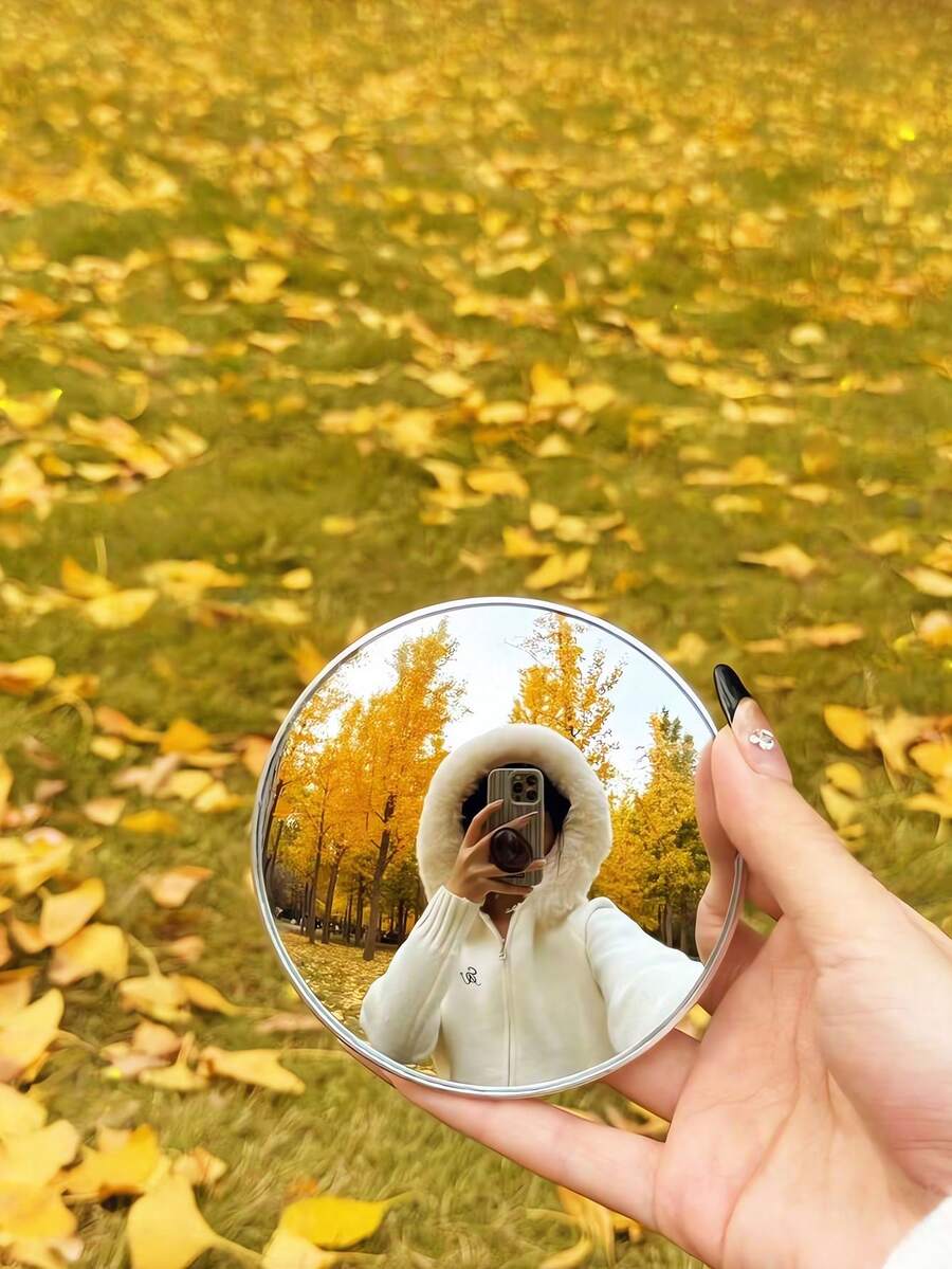 1个便携式凸面圆镜，广角化妆镜 - 手持化妆镜，适用于卧室、客厅、户外、旅行、摄影，无需电源，无羽毛装饰，自拍道具 - 彩色 - 查看 1