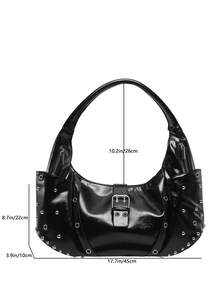 New Y2K Baddie Style Black Patent Leather Rivet Underarm Bag, Retro Motorcycle Inspired Large Capacity Tote Bag, Sweet & Cool Large Capacity Shoulder Bag - Black - View 8