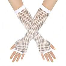 Women's Long Rhinestone Mesh Gloves, Shiny Party Club Accessory - White - View 8