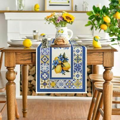 Altoide Pattern Lemon Flower Blue And White Porcelain Summer Table Runner, Seasonal Spring Kitchen Dining Table Decor, Home Party Decoration