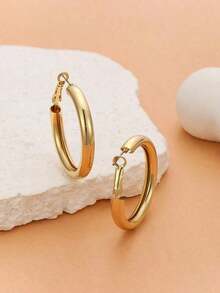 1pair Ladies' Gold-Color Circle Tube C Shape Hoop Earrings - Gold - View 8