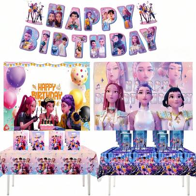 1 Set Witch Hunting Group Demon Hunting Team Devil Hunting Squad K-Pop Themed Birthday Party Decoration Set, Party Supplies And Ornaments: Backdrop/Tablecloth/Gift Bag/Banner/Party Mask Set/Party Glasses Set. Banners And Decorative Items Are Made Of Durable Paper Material, Printed With Bright Anime/KPOP Cartoon Character Patterns. Suitable For Teenagers, It Can Be Used For Themed Birthday Parties, Wedding Parties, Valentine's Day Parties And Various Holiday Decorations, And Can Also Be Given As