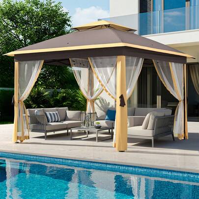 Cenador para Exteriores de 11 x 11 pies, cenador Resistente con Marco de Metal Resistente y techos Dobles, Refugio de Patio con mosquitero, Ideal para Patio Trasero, jardín, césped, Cubierta