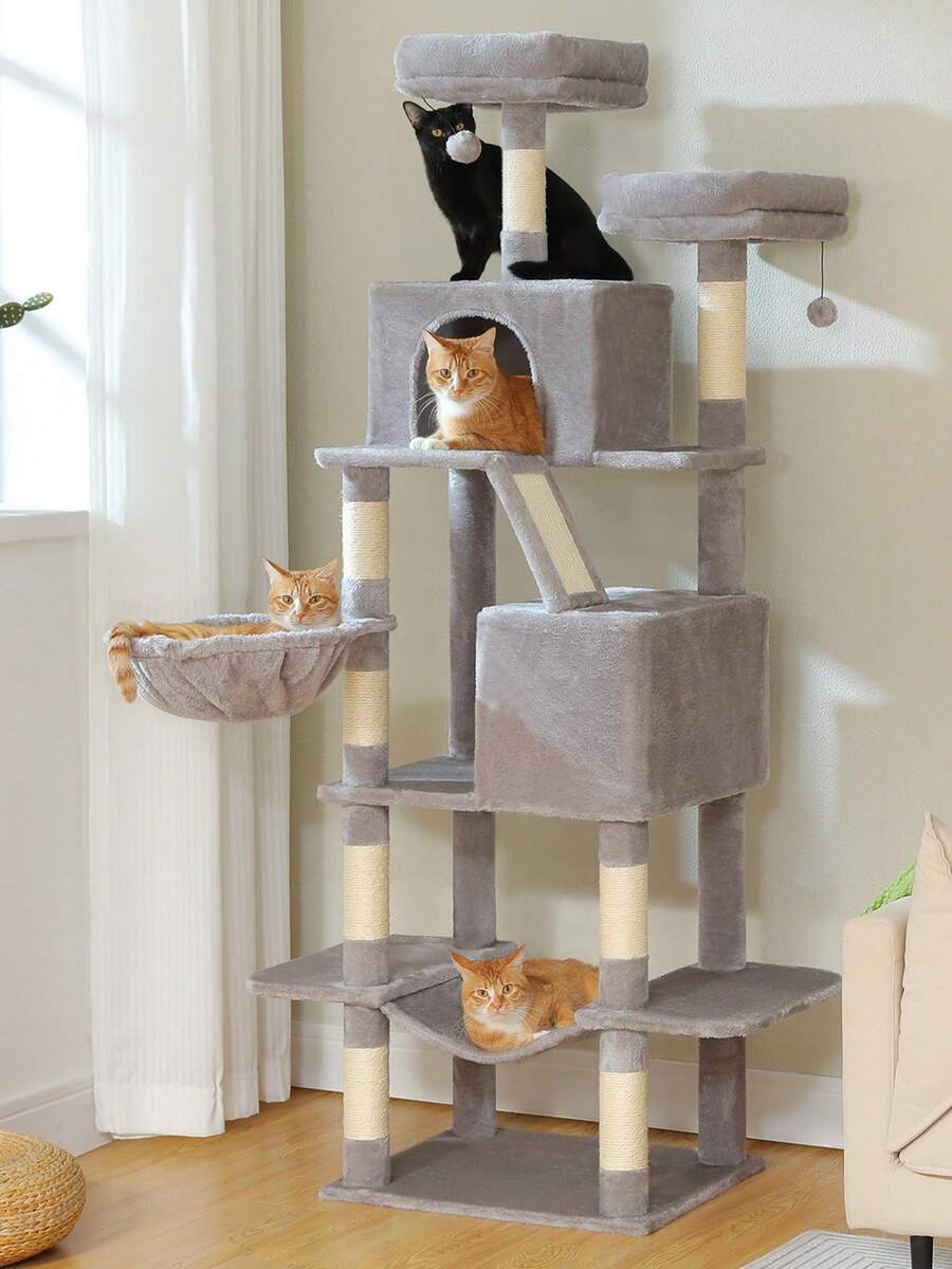 PAWZ Road 71" Cat Tree, Large Cat Tower With 8 Scratching Posts, 2 Perches, 2 Caves, Basket, Hammock, Pompoms, Multi-Level Plush Cat Condo For Indoor Cats - Xám - Xem 1