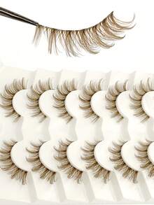 Asiteo 7对装自然卷曲棕色仿貂毛假睫毛，透明睫毛梗，纤细浓密猫眼妆，蓬松自然，透明睫毛梗，3D卷翘，整条假睫毛，睫毛嫁接，假睫毛，睫毛，假睫毛，女士礼物，女孩礼物，派对用品，婚礼礼物，日常妆容和工作 - 棕色 - 查看 2