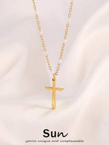 1件金色十字架吊坠项链，不锈钢珐琅珠链项链，女士珠宝礼物 - 項鍊 - 查看 1