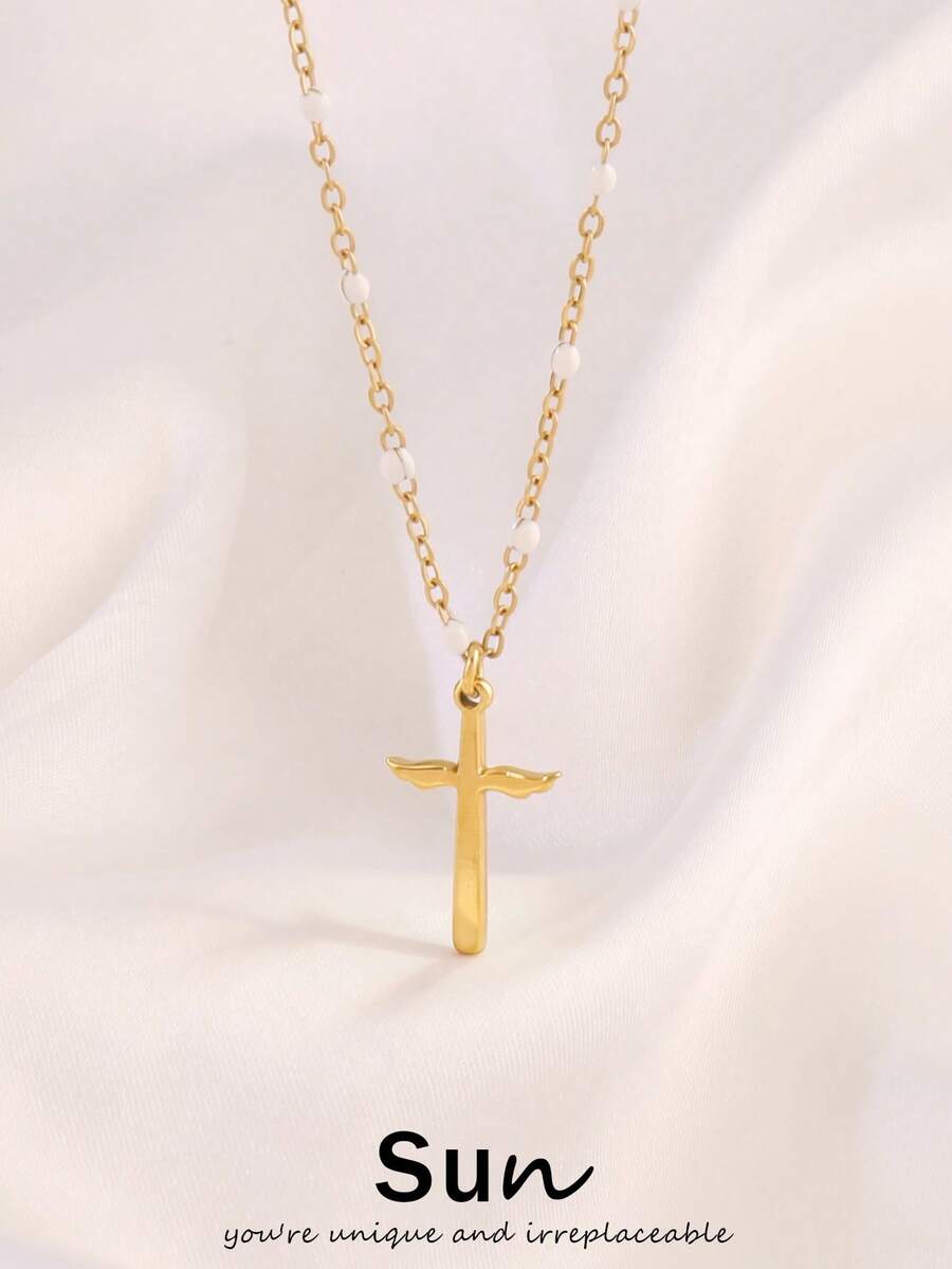1件金色十字架吊坠项链，不锈钢珐琅珠链项链，女士珠宝礼物 - 項鍊 - 查看 1