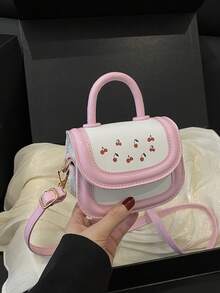 1pc Cherry Print & Color Block Shiny PU Leather Mini Handbag, Sweet Girl Style Tote Shoulder Bag For Daily & Work - Pink - View 12