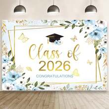 1pc Class Of 2026 Congratulations Banner Backdrop Floral Congrats Grad Photography Background Pastel Butterfly Graduation Party Decor Gold Confetti Prom 2026 Party Banner Photo Booth Props - Style2 - View 1