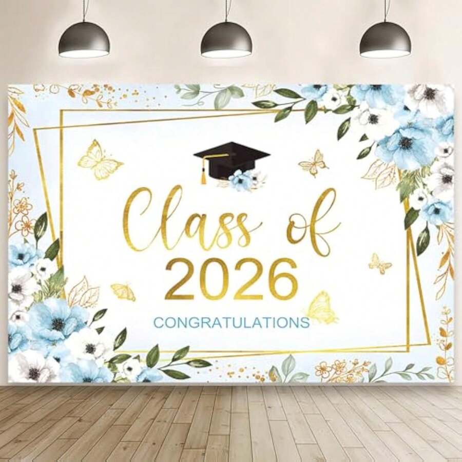1pc Class Of 2026 Congratulations Banner Backdrop Floral Congrats Grad Photography Background Pastel Butterfly Graduation Party Decor Gold Confetti Prom 2026 Party Banner Photo Booth Props - Style2 - View 1