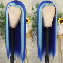 13X4 Pink & Brown Lace Front Wigs Pre Plucked Soft Free Part Long Straight Wigs Glueless Pink Skunk Stripe Wig Wear And Go Wig Heat Resistant Fiber Hair Synthetic Lace Front Wigs For Fashion Women For Daily Christmas Party Cosplay Use - 挑染藍色 - 查看 3