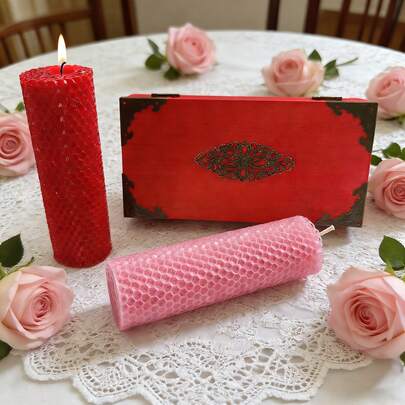 2 Packs Beeswax Roll Wax Wooden Box Gift Box Set, Red And Pink Sets, Wedding Season, Valentine's Day, Birthdays And Various Holiday Gifts, Romantic Room Decoration For Weddings, Valentine's Day Candlelight Dinner Atmosphere
