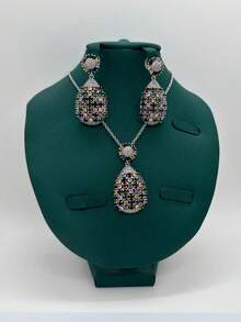3pcs/Set.Colorful Zirconia Necklace Set.Copper Inlaid Shiny Zirconia Elegant Elegant Necklace & Earrings 2-Piece Jewelry Set.Suitable For Women's Daily, Party, Banquet Wear.Perfect Gift For Mother's Day, Valentine's Day - Colorful - View 1