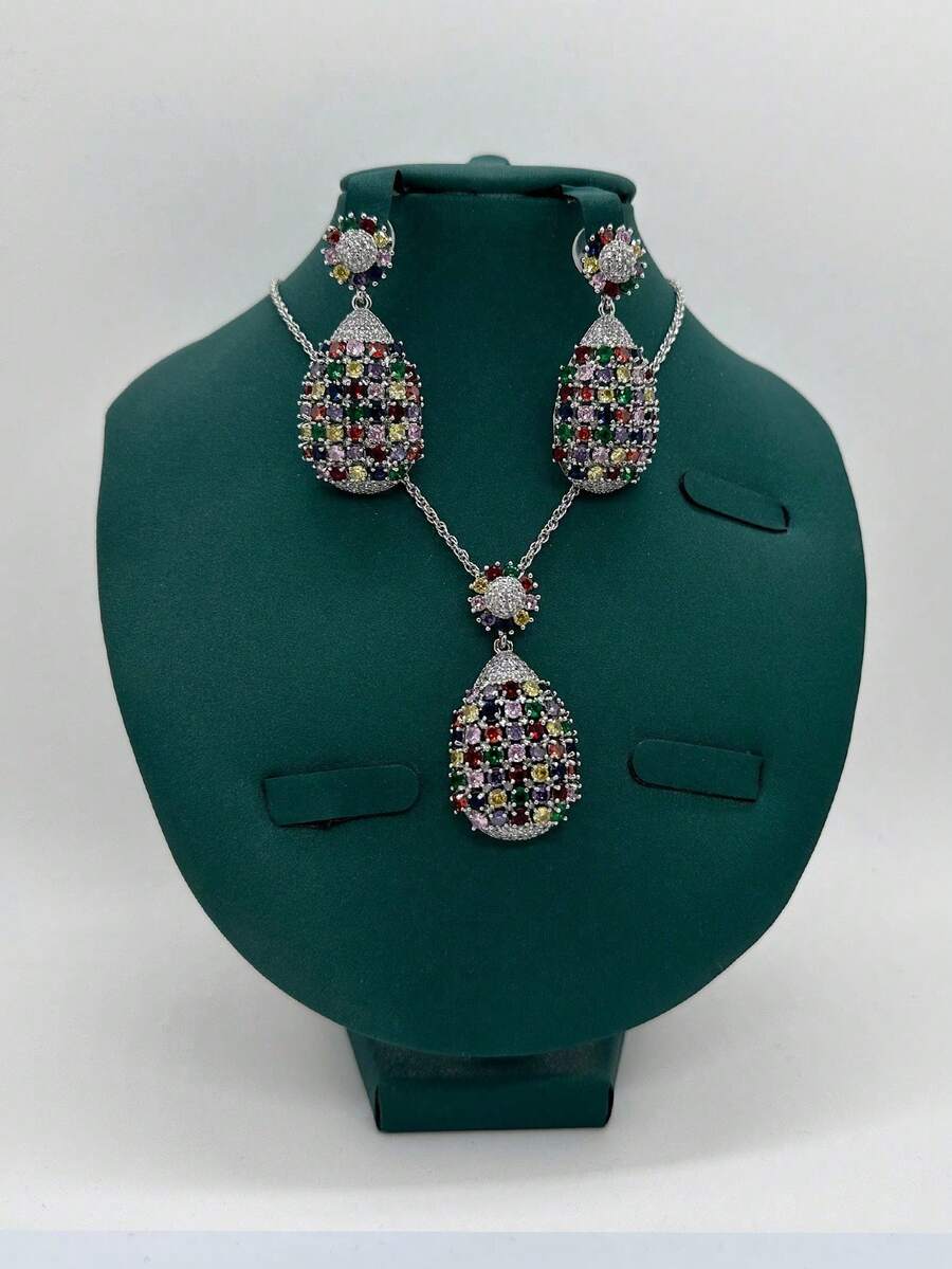 3pcs/Set.Colorful Zirconia Necklace Set.Copper Inlaid Shiny Zirconia Elegant Elegant Necklace & Earrings 2-Piece Jewelry Set.Suitable For Women's Daily, Party, Banquet Wear.Perfect Gift For Mother's Day, Valentine's Day - Colorful - View 1