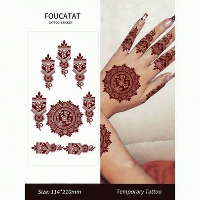 1 Sheet Waterproof Henna Tattoo Sticker For Hand, Disposable Flower Temporary Tattoo For Women, Easy To Remove One-Time Use Realistic Tattoo Stickers, Mandala Mehndi Design Suitable For Fashion Enthusiasts Festival Daily Use
