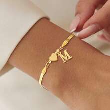 1pc New Fashion Initial Heart Golden Stainless Steel Herringbone Chain Bracelets For Women - Yellow Gold - View 1