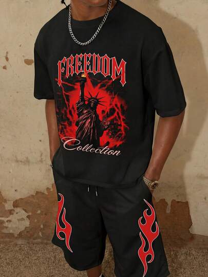 Streetwear Hiphop Style Liberty Graphic T-Shirt And Flame Shorts 2 Pieces Set For Men