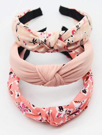 3pcs/Set Women Pink Floral Solid Color Headbands, Fabric Headwraps, Sweet Matching Accessories For Daily, Festival, Party Use