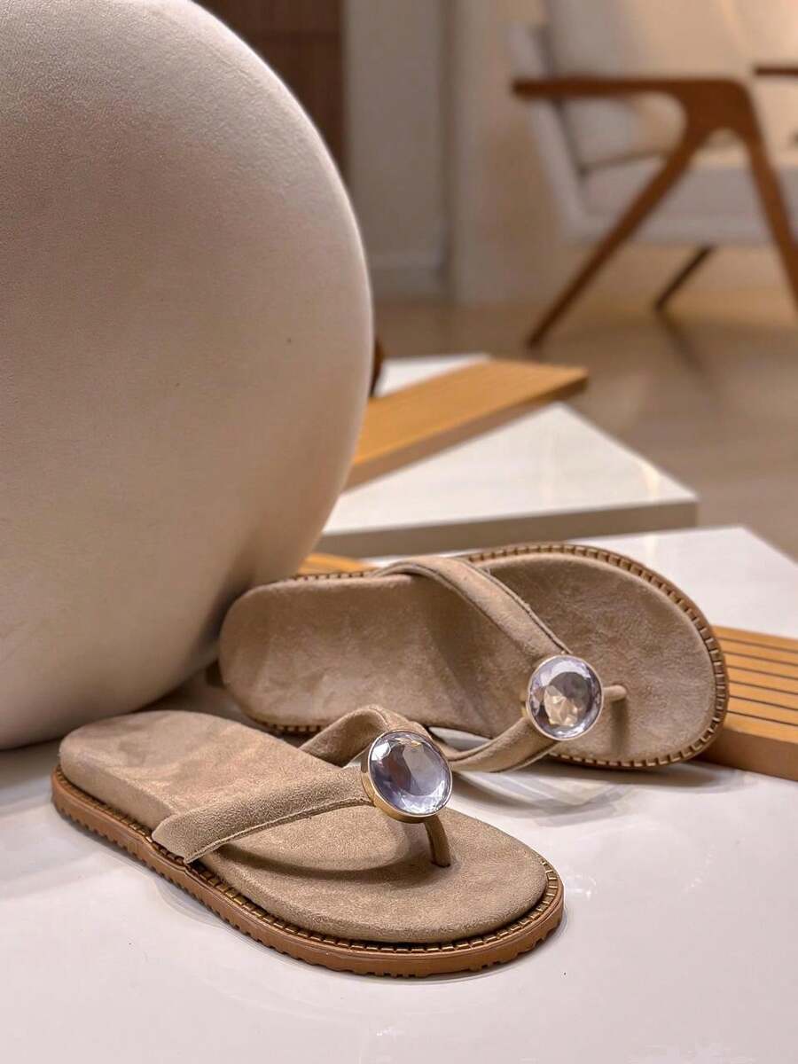 Women's Premium Beige Suede Papete Sandal With Elegant Stone - Comfortable - 米色 - 查看 1