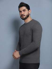 Men's Plain Square Knit Sweater, Round Neck, Long Sleeve, Thick Wool Sweater. - 深灰色 - 查看 2