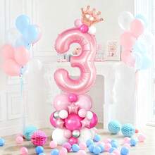 41 piezas Conjunto de globos con números y coronas de color rosa para cumpleaños, que incluye números del 0 al 9 de 32 pulgadas en rosa caramelo, mini coronas, globos de pentágono rosa, y globos de látex blancos y rosas, adecuado para decoración de cumpleaños, escena de ambiente, Día de San Valentín, fiesta de cumpleaños en casa, boda, decoración para sesión de fotos, fiesta de cumpleaños de princesa, ducha, fiesta de despedida de soltera, aniversario, fiesta del té, decoración de cumpleaños rosa - Multicolor - Ver 5