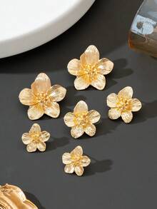 3对时尚优雅的金色纹理金属五瓣花耳环，百搭耳环套装，适合成年女性的礼物 - 金黃色 - 查看 6