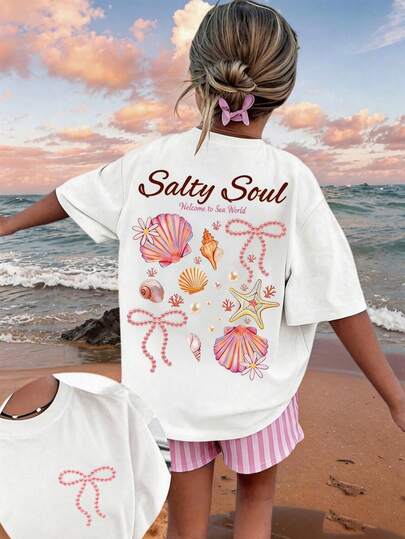 Cartoon Shell & Bow Print Round Neck T-Shirt, Casual Soft Top For Young Girls, Spring/Summer