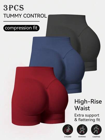 3pcs/Set Women High Waist Lifting Tight Fitting 3/4 Leggings, Yoga/Fitness/Running Shorts, Peach Lifting Activewear Shorts, Slimming Shorts