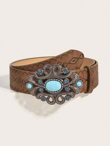 1pc Retro American Fashion Personalized Turquoise Women's Belt, Suitable For Music Festival, Jeans - Brown - View 1
